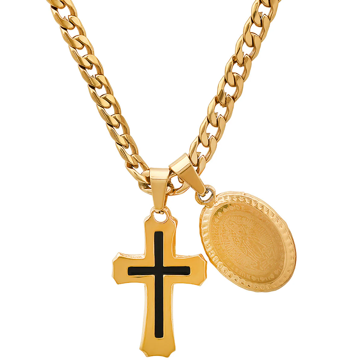 18K Gold Plated Stainless Steel And Black Enamel Cross & Guadalupe Oval Pendants - Image 2
