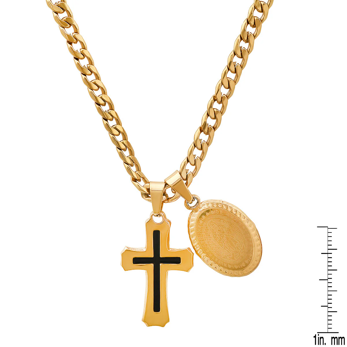 18K Gold Plated Stainless Steel And Black Enamel Cross & Guadalupe Oval Pendants - Image 3
