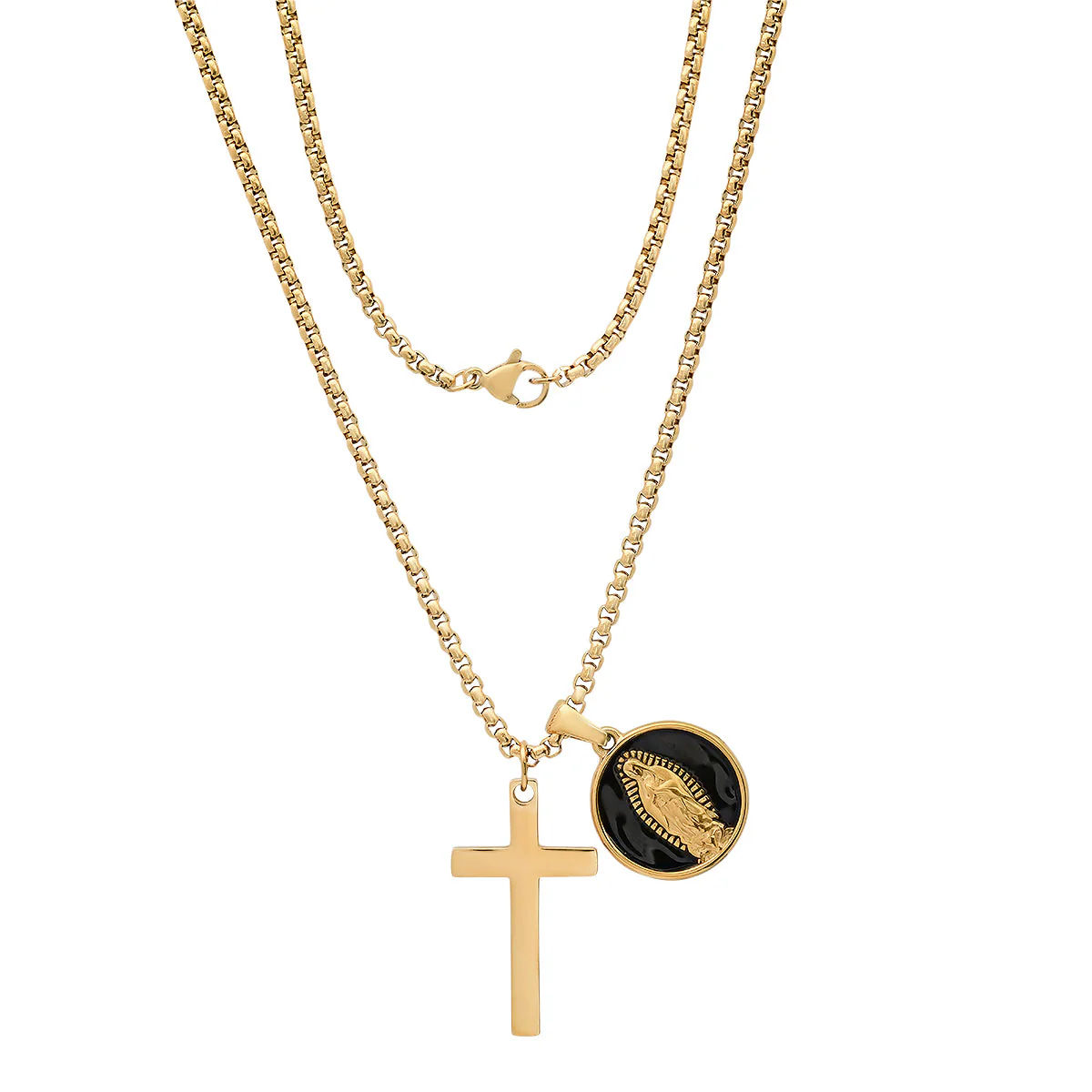 18K Gold Plated Stainless Steel And Black Enamel Our Lady Of Guadalupe And Cross Pendants - Image 2