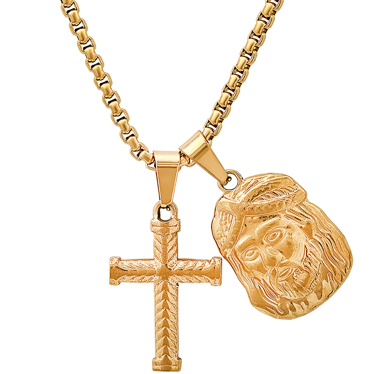 18K Gold Plated Stainless Steel Cross And Jesus Face Pendants - Image 2