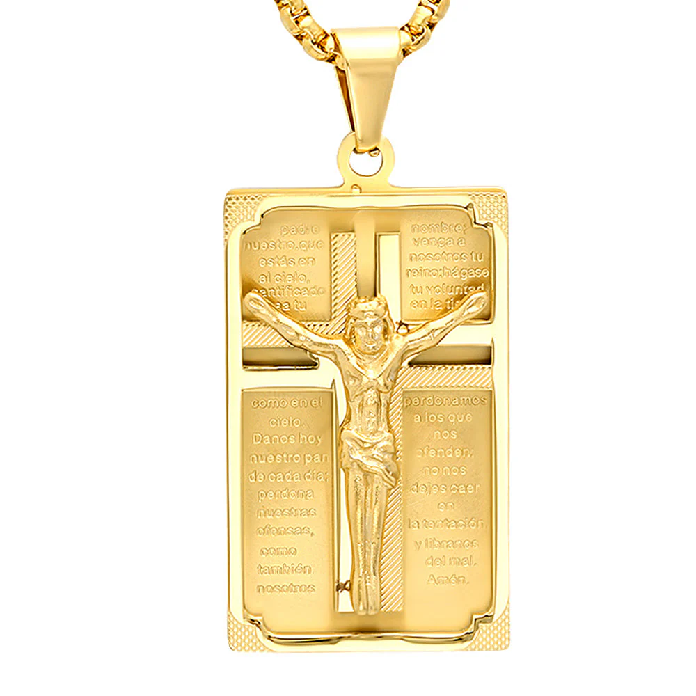 18K Gold Plated Stainless Steel Crucifix Padre Nuestro Prayer Frame Pendant - Image 2