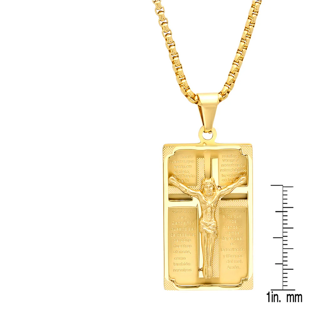 18K Gold Plated Stainless Steel Crucifix Padre Nuestro Prayer Frame Pendant - Image 3