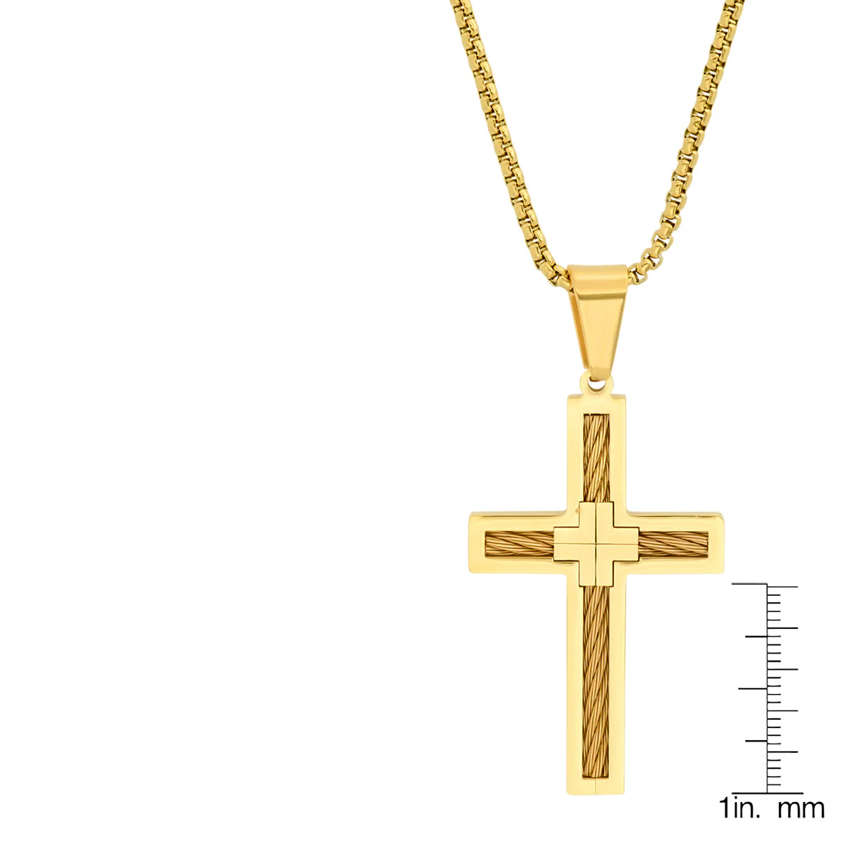 18K Gold Plated Stainless Steel Inlay Wire Cable Cross Pendant - Image 3