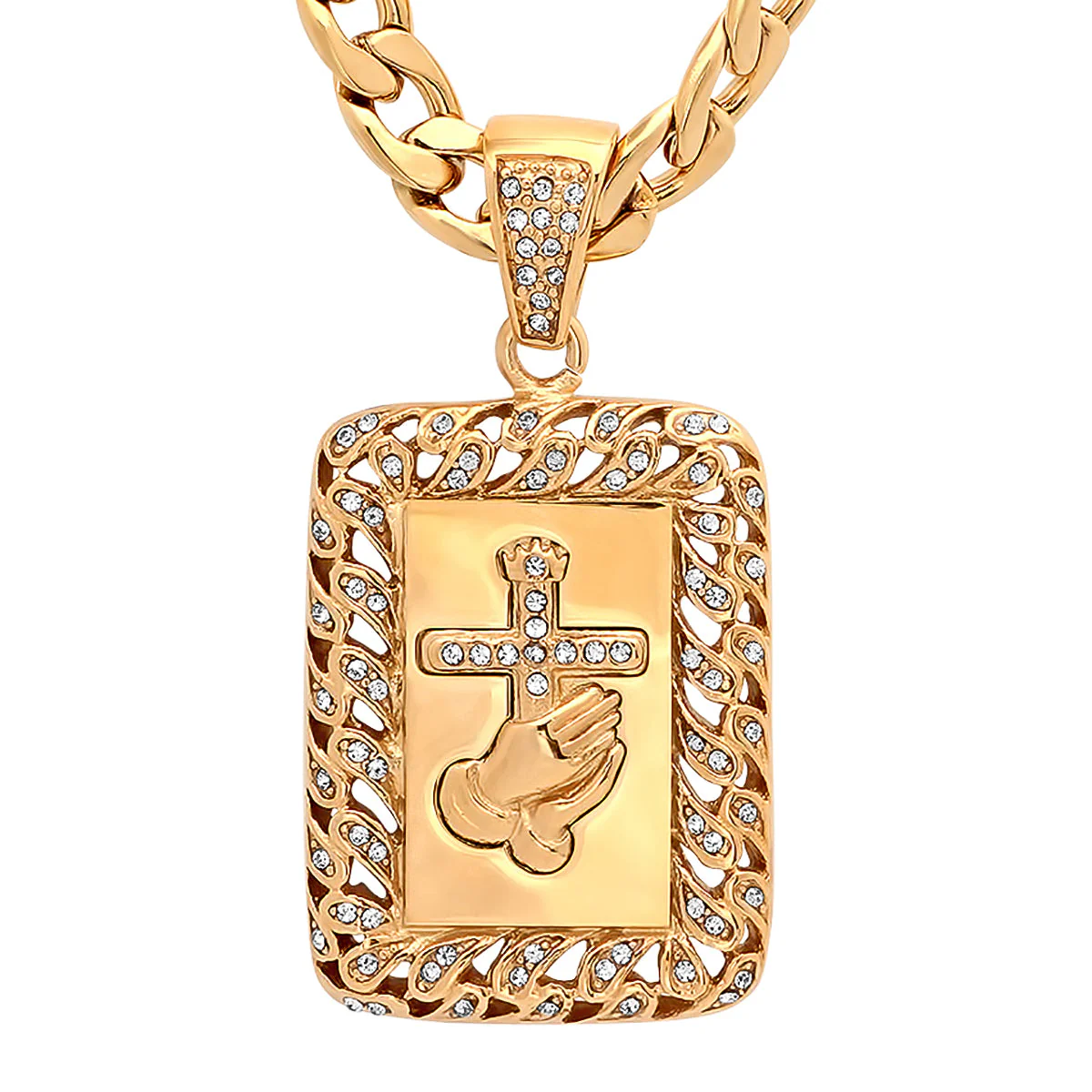 18K Gold Plated Stainless Steel Prayer Hands And Cross Pendant With Simulated Diamonds - Image 2