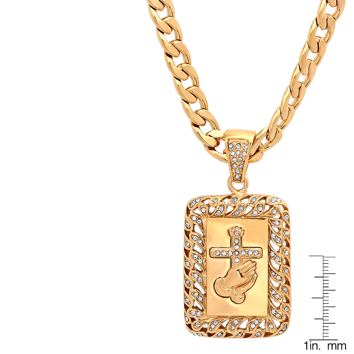 18K Gold Plated Stainless Steel Prayer Hands And Cross Pendant With Simulated Diamonds - Image 3