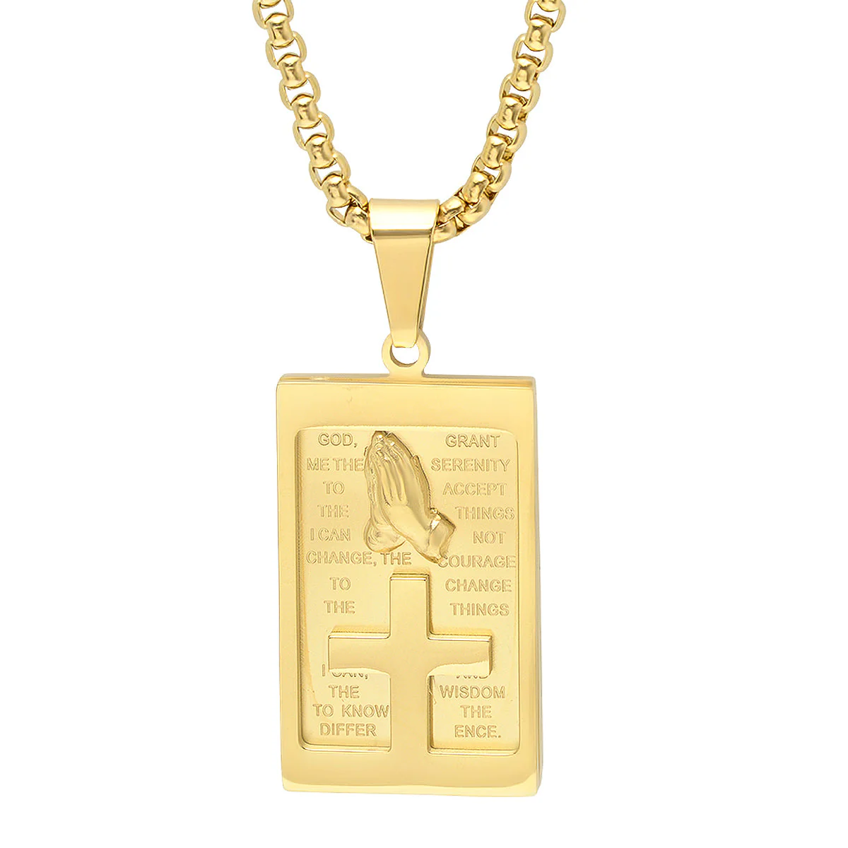 18K Gold Plated Stainless Steel Rounded Box Chain Necklace With Serenity Prayer Plate And Prayer Hands Pendant - Image 2