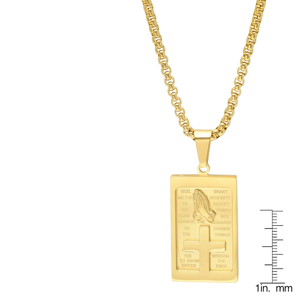 18K Gold Plated Stainless Steel Rounded Box Chain Necklace With Serenity Prayer Plate And Prayer Hands Pendant - Image 3