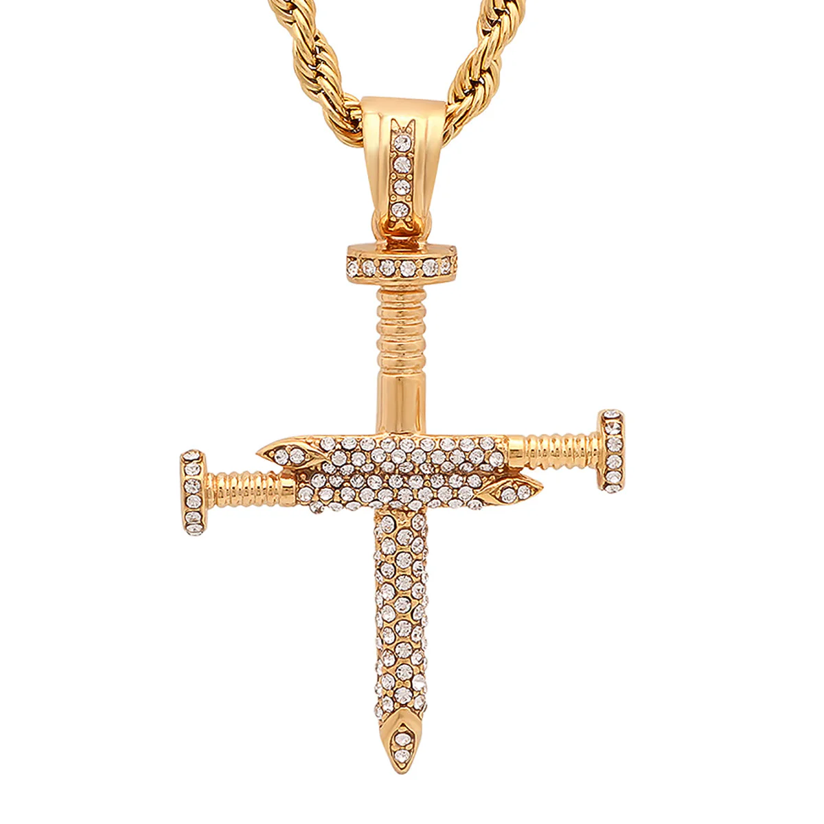 18K Gold Plated Stainless Steel Simulated Diamond Nail Style Cross Pendant - Image 2