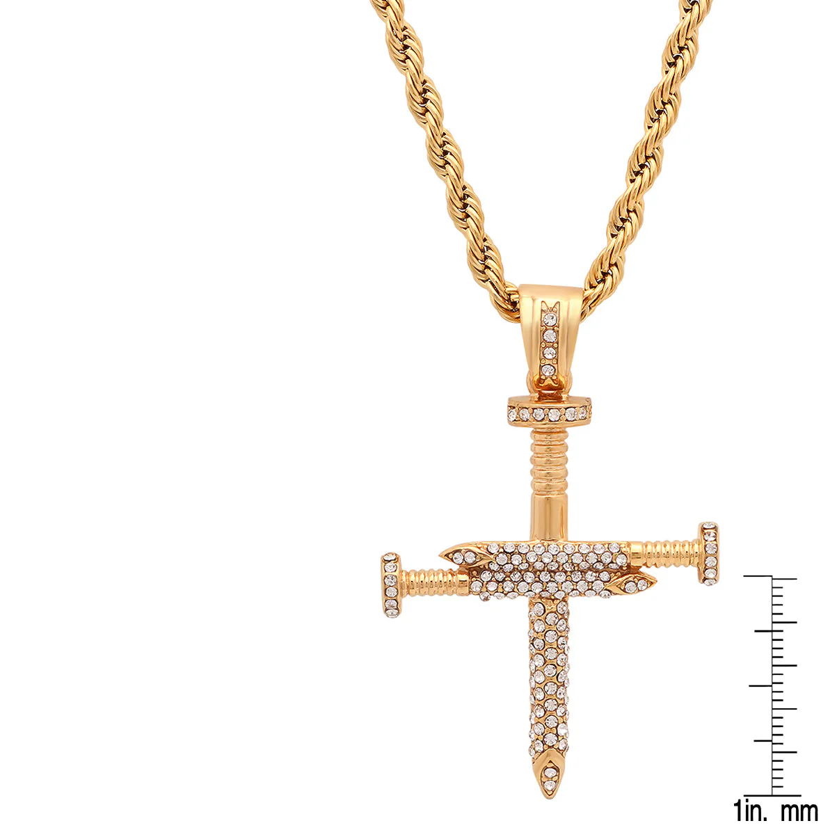 18K Gold Plated Stainless Steel Simulated Diamond Nail Style Cross Pendant - Image 3