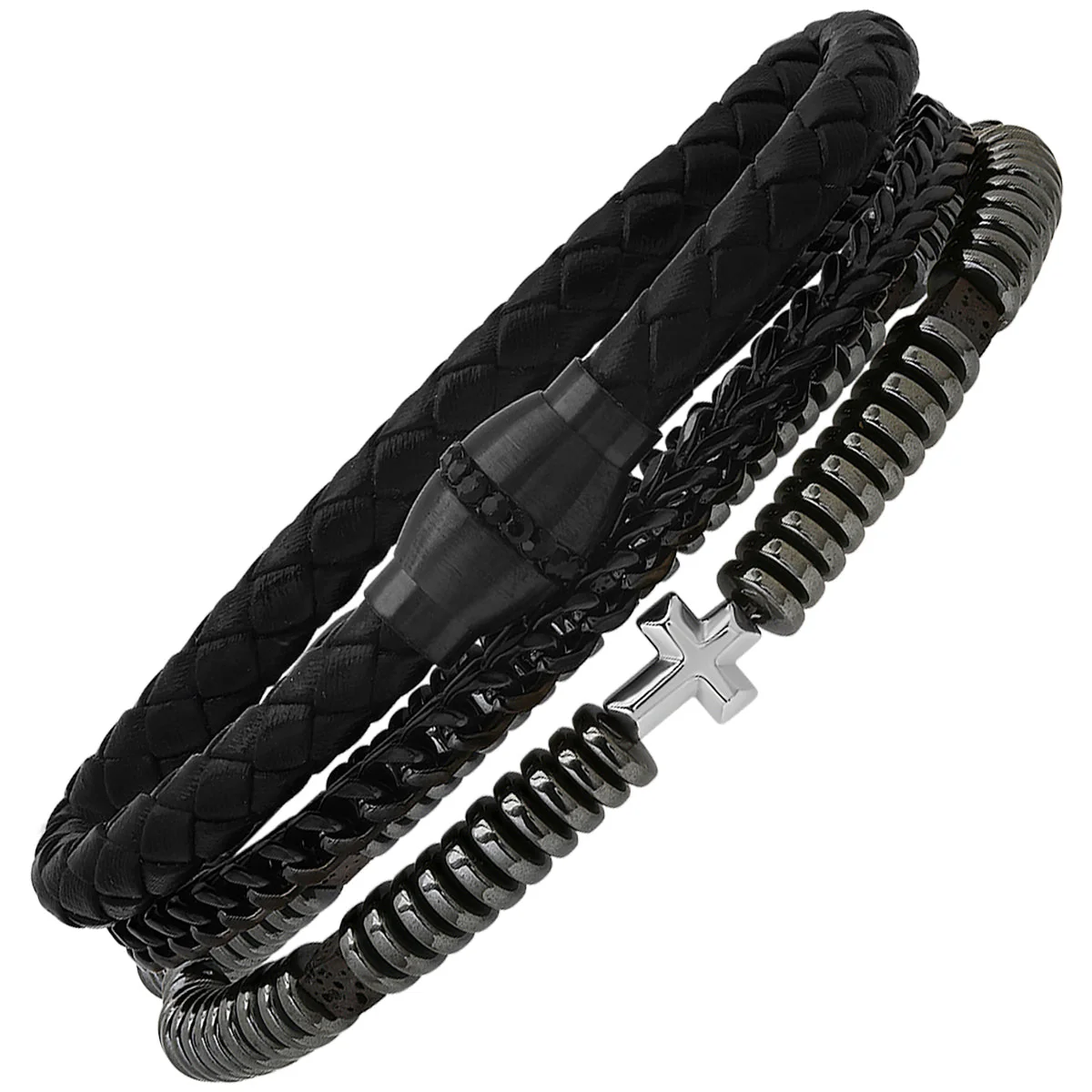 Black Braided Leather, Black Ip Stainless Steel, Simulated Black Diamonds, Hematite And Black Lava Beads 3Pc Bracelets Set - Image 2