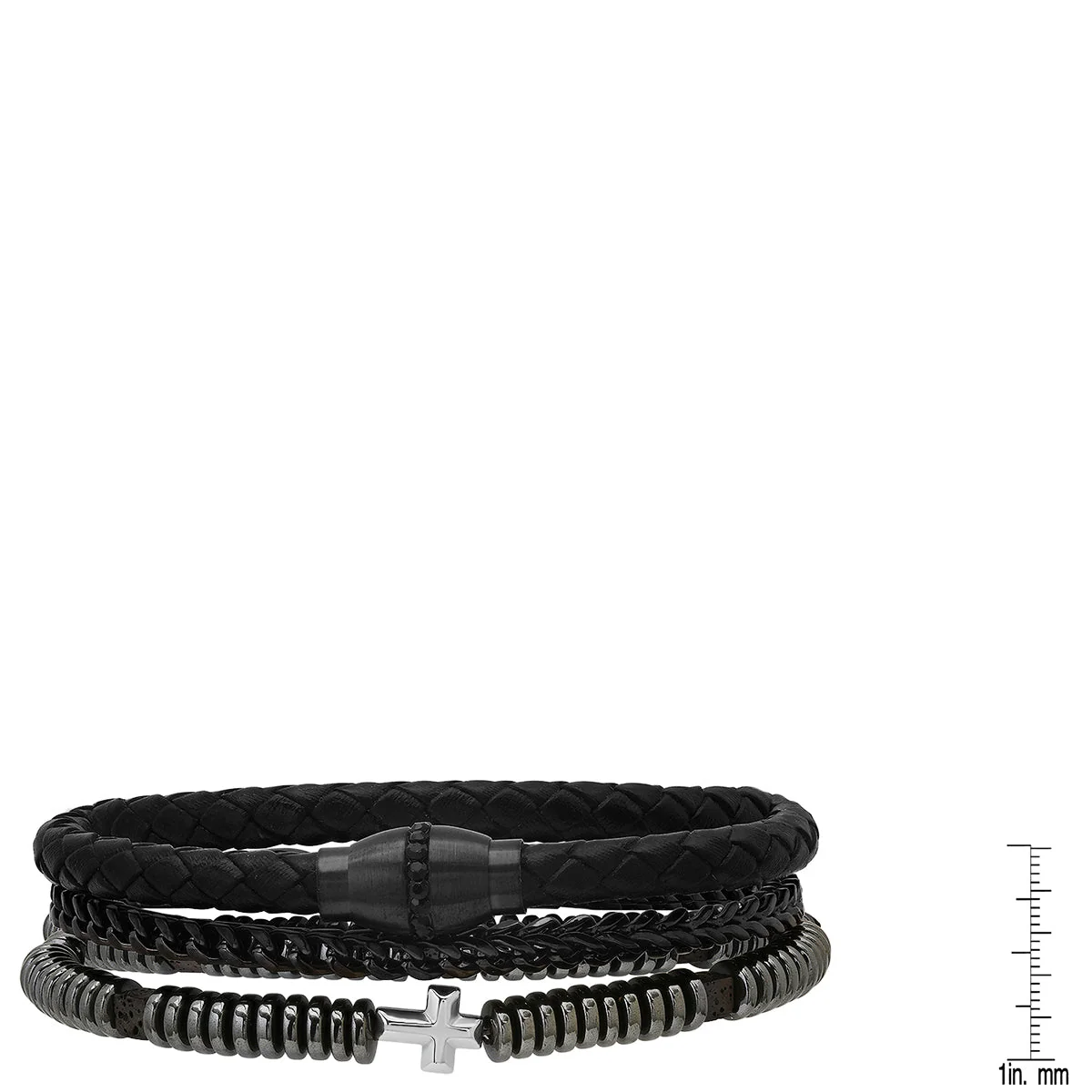 Black Braided Leather, Black Ip Stainless Steel, Simulated Black Diamonds, Hematite And Black Lava Beads 3Pc Bracelets Set - Image 3