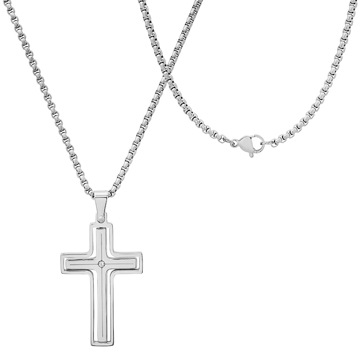 Black Ip Stainless Steel And Simulated Diamond Spinning Cross Pendant - Image 2