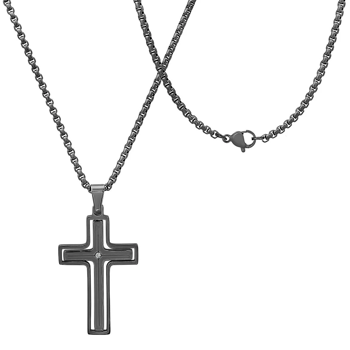 Black Ip Stainless Steel And Simulated Diamond Spinning Cross Pendant - Image 8