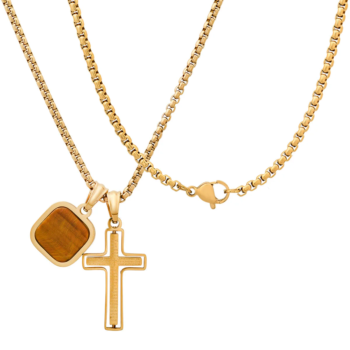 Black Ip Stainless Steel Lord'S Prayer Spinning Cross And Tiger Eye Dog Tag Pendants - Image 2