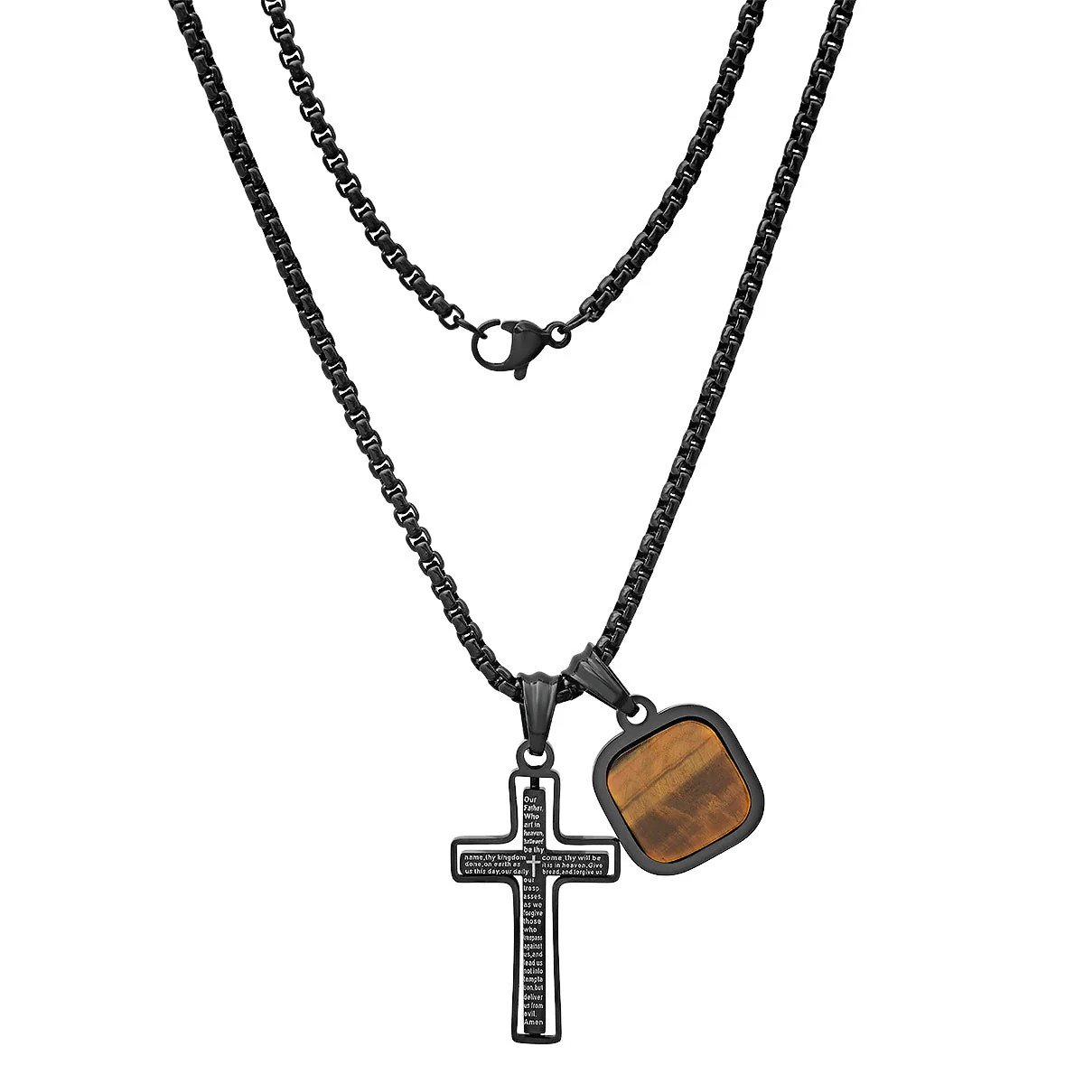 Black Ip Stainless Steel Lord'S Prayer Spinning Cross And Tiger Eye Dog Tag Pendants - Image 4