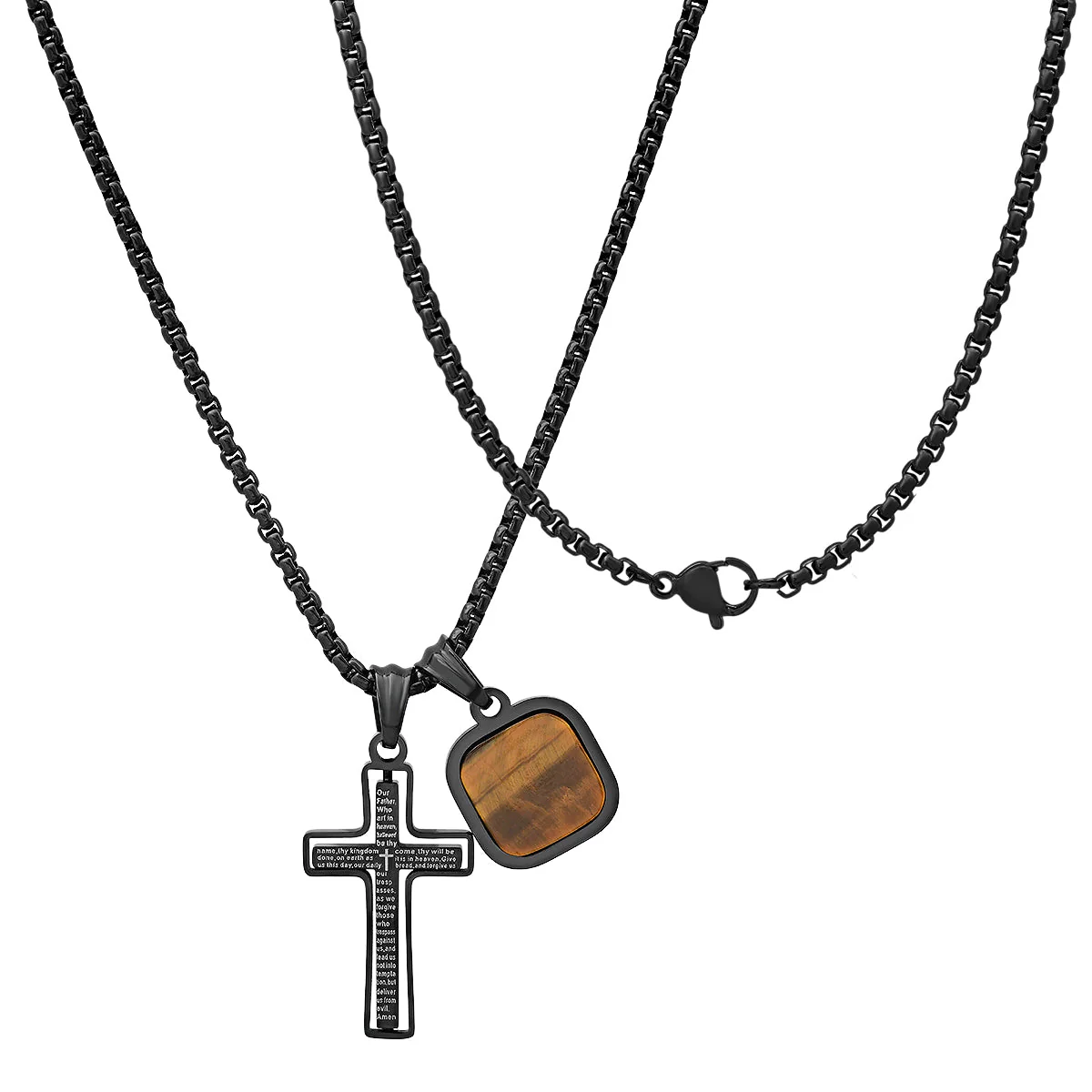 Black Ip Stainless Steel Lord'S Prayer Spinning Cross And Tiger Eye Dog Tag Pendants - Image 5