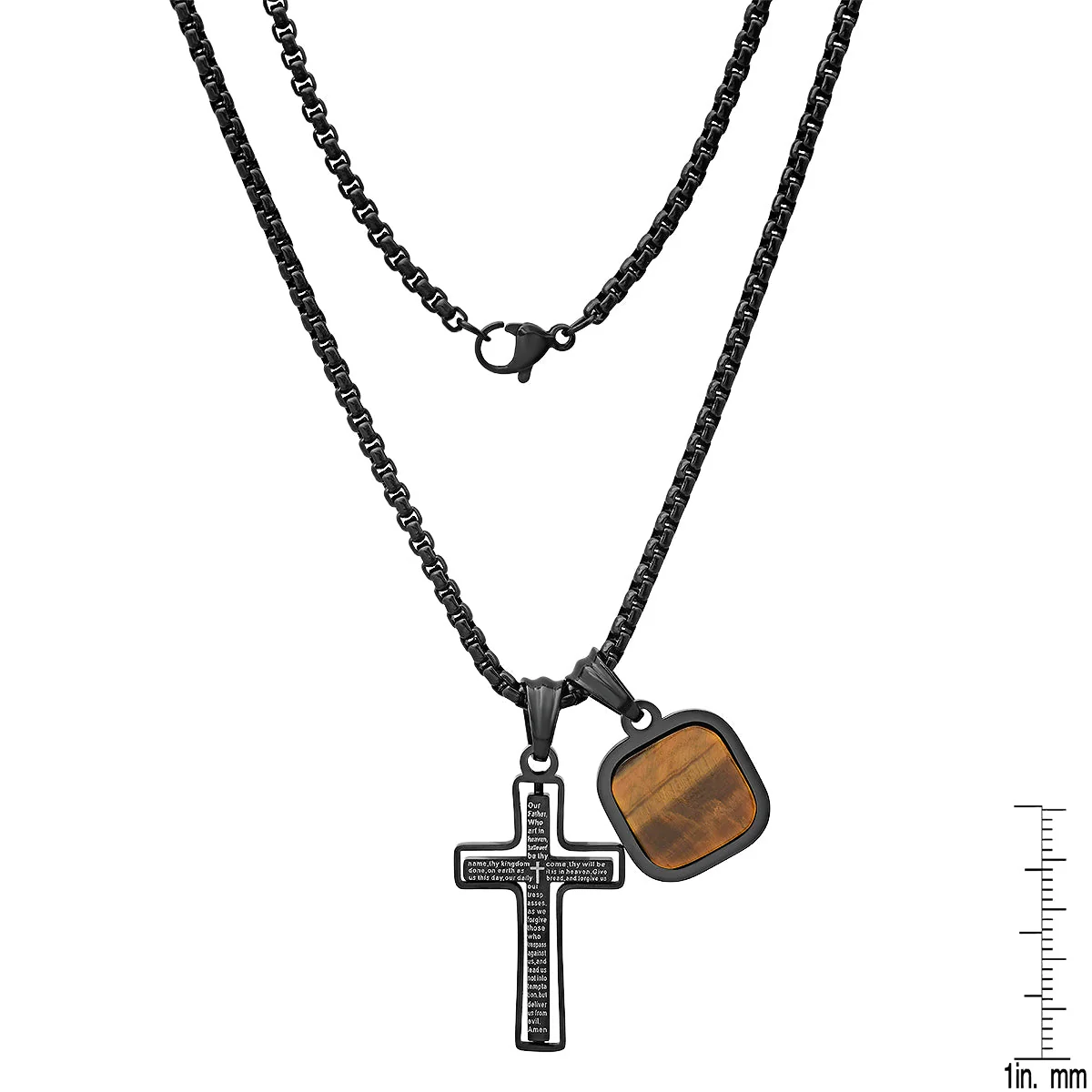 Black Ip Stainless Steel Lord'S Prayer Spinning Cross And Tiger Eye Dog Tag Pendants - Image 6