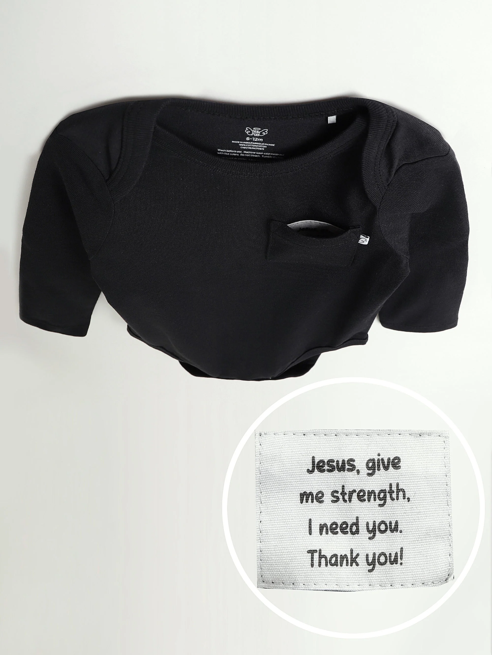 Black Prayer Pocket Long Sleeve Bodysuit Cotton - Image 3