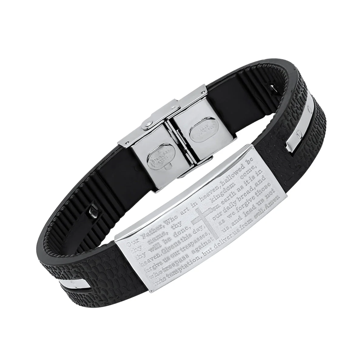 Black Rubber And Stainless Steel Our Father Prayer Ridged Bracelet - Image 2