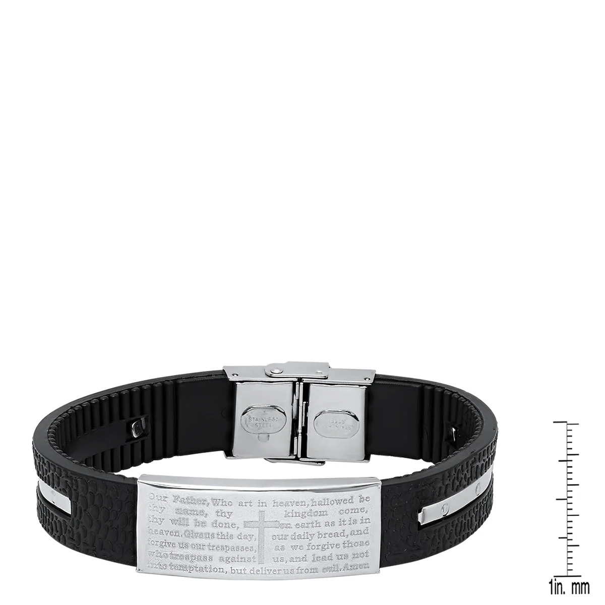 Black Rubber And Stainless Steel Our Father Prayer Ridged Bracelet - Image 3