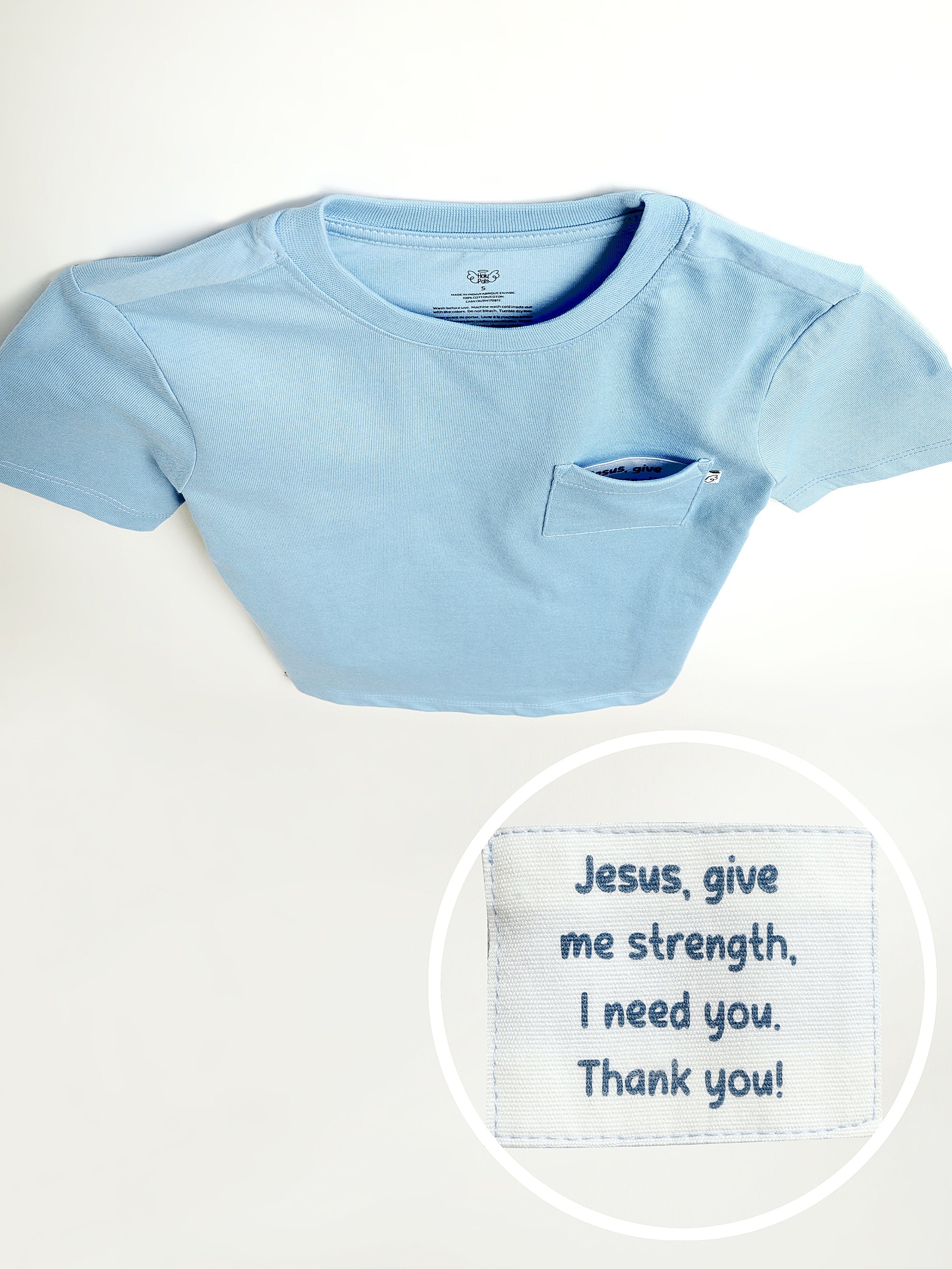 Blue Prayer Pocket Short Sleeve T-Shirt Cotton - Image 3