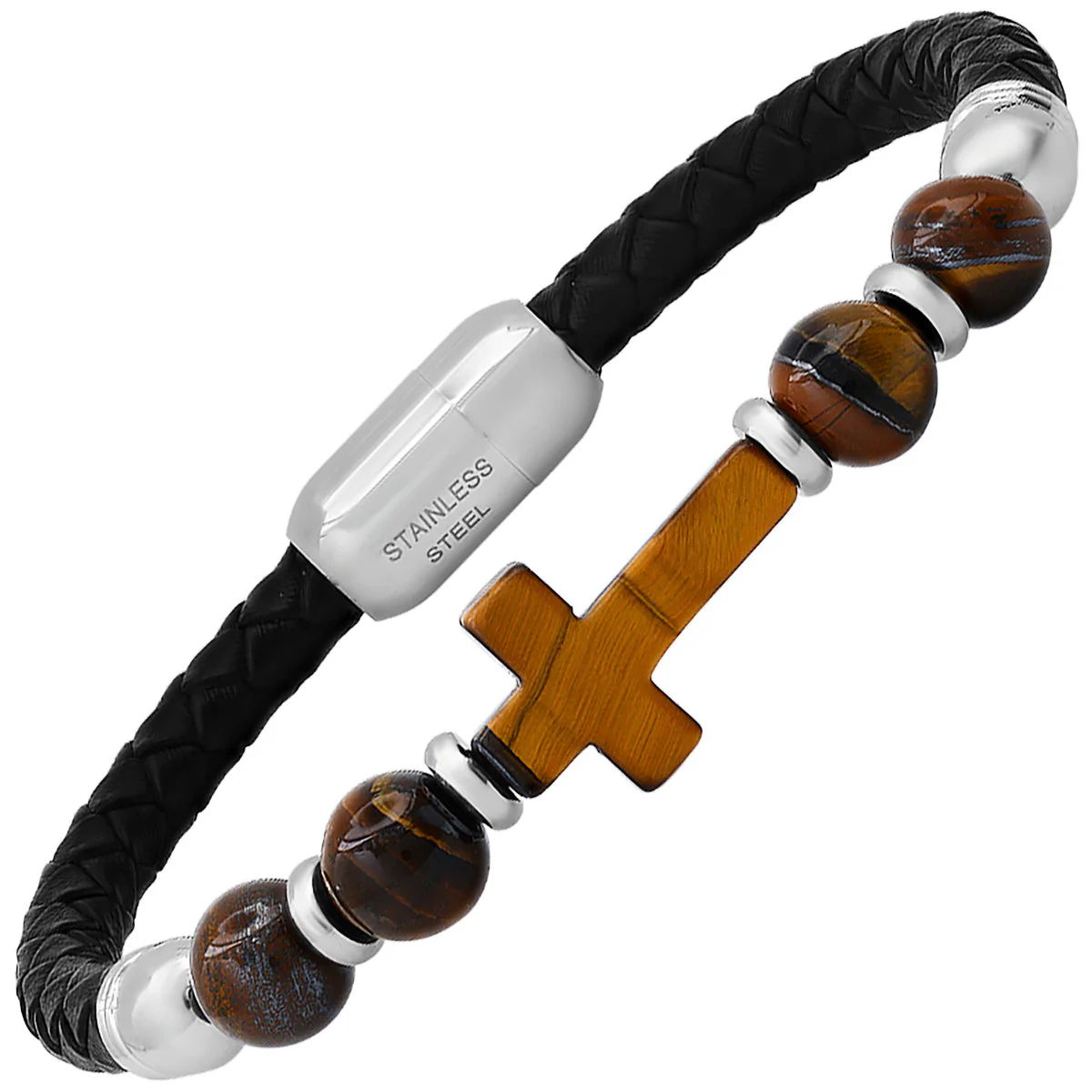 Braided Black Leather, Stainless Steel And Tiger Eye Cross Beads Bracelet - Image 2