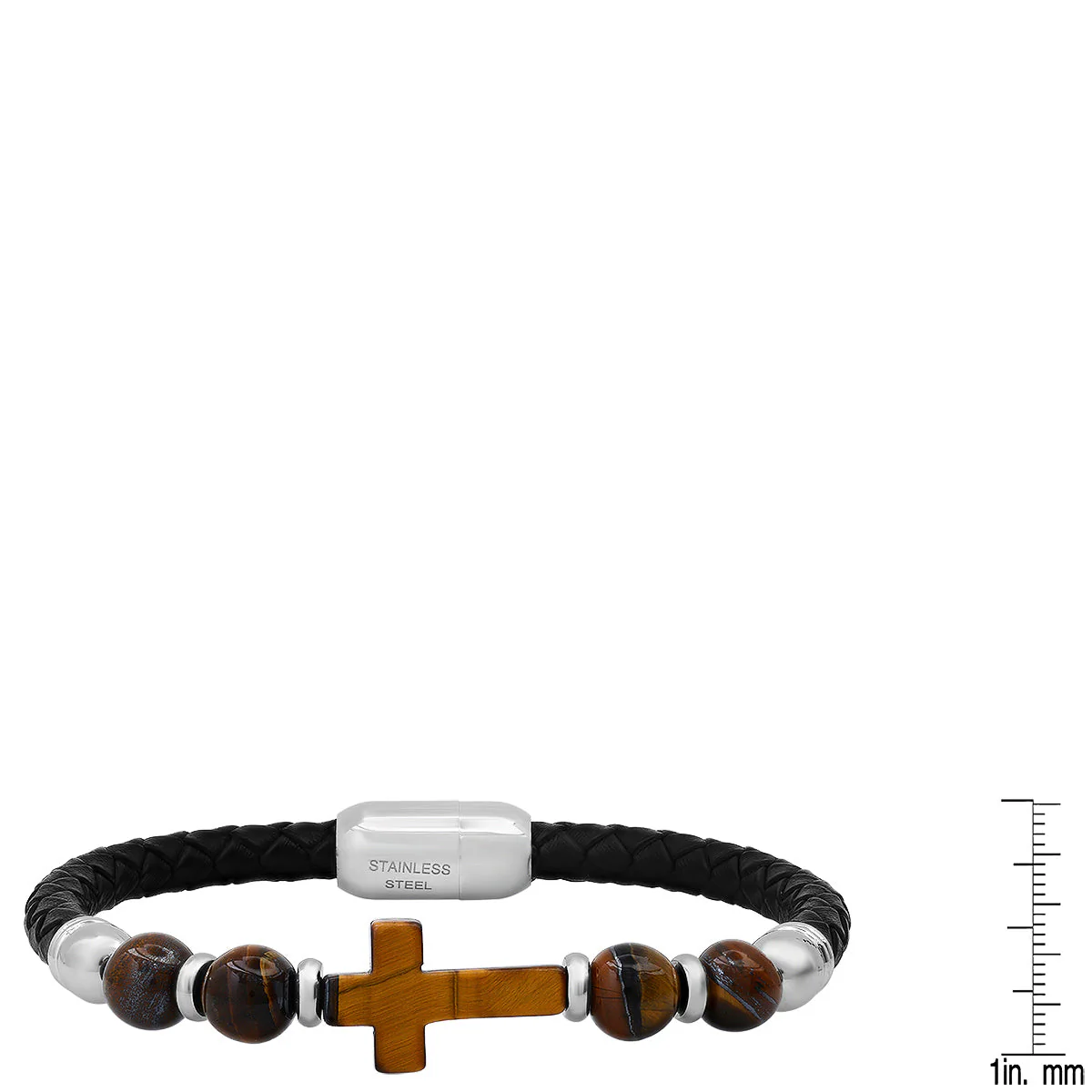 Braided Black Leather, Stainless Steel And Tiger Eye Cross Beads Bracelet - Image 3