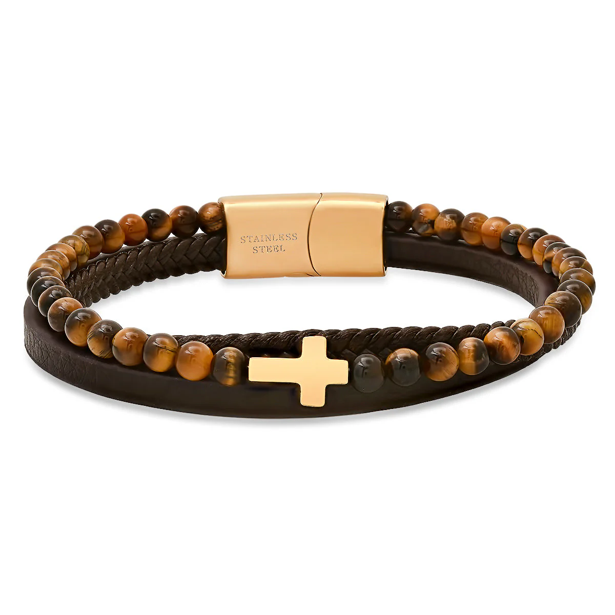 Brown Leather, Tiger Eye Beads And 18K Gold Plated Stainless Steel Layered Bracelet - Image 4