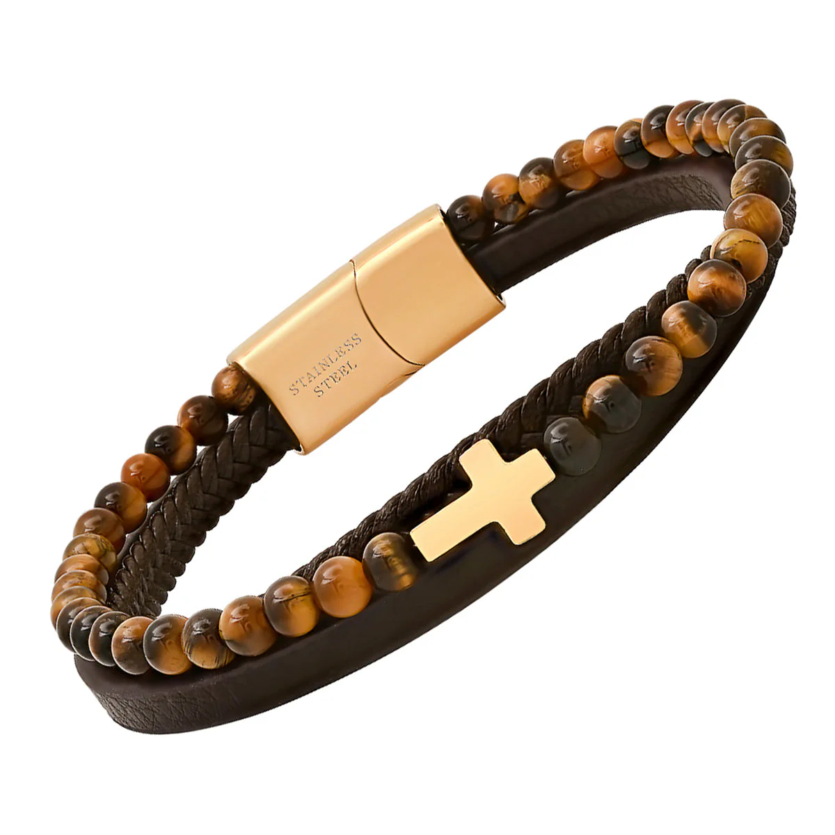 Brown Leather, Tiger Eye Beads And 18K Gold Plated Stainless Steel Layered Bracelet - Image 5