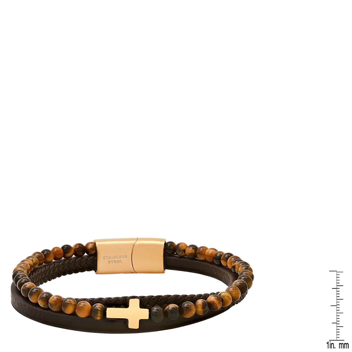 Brown Leather, Tiger Eye Beads And 18K Gold Plated Stainless Steel Layered Bracelet - Image 6