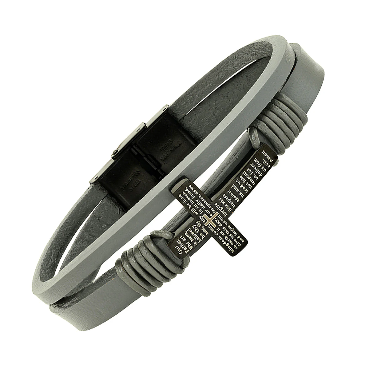 Gray Leather And Black Ip Stainless Steel Cross With Our Father Prayer Bracelet - Image 2