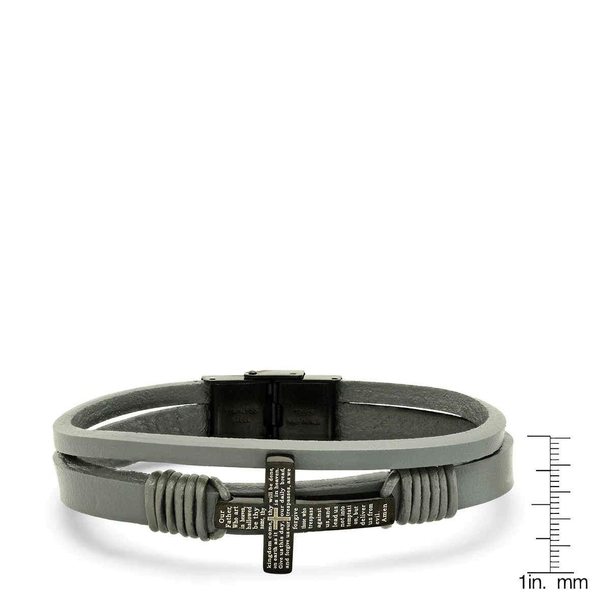 Gray Leather And Black Ip Stainless Steel Cross With Our Father Prayer Bracelet - Image 3