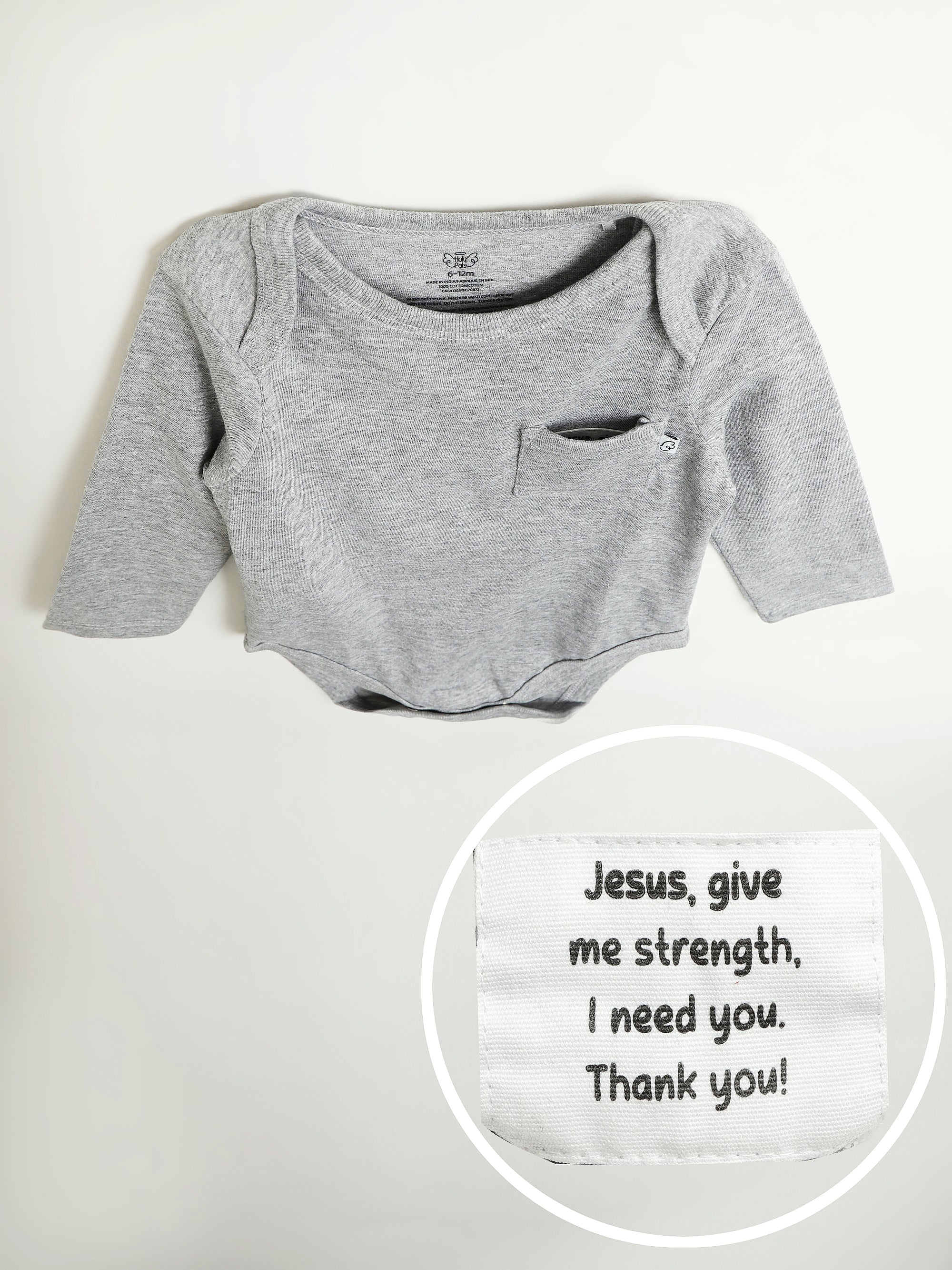 Heather Grey Prayer Pocket Long Sleeve Bodysuit Cotton - Image 2