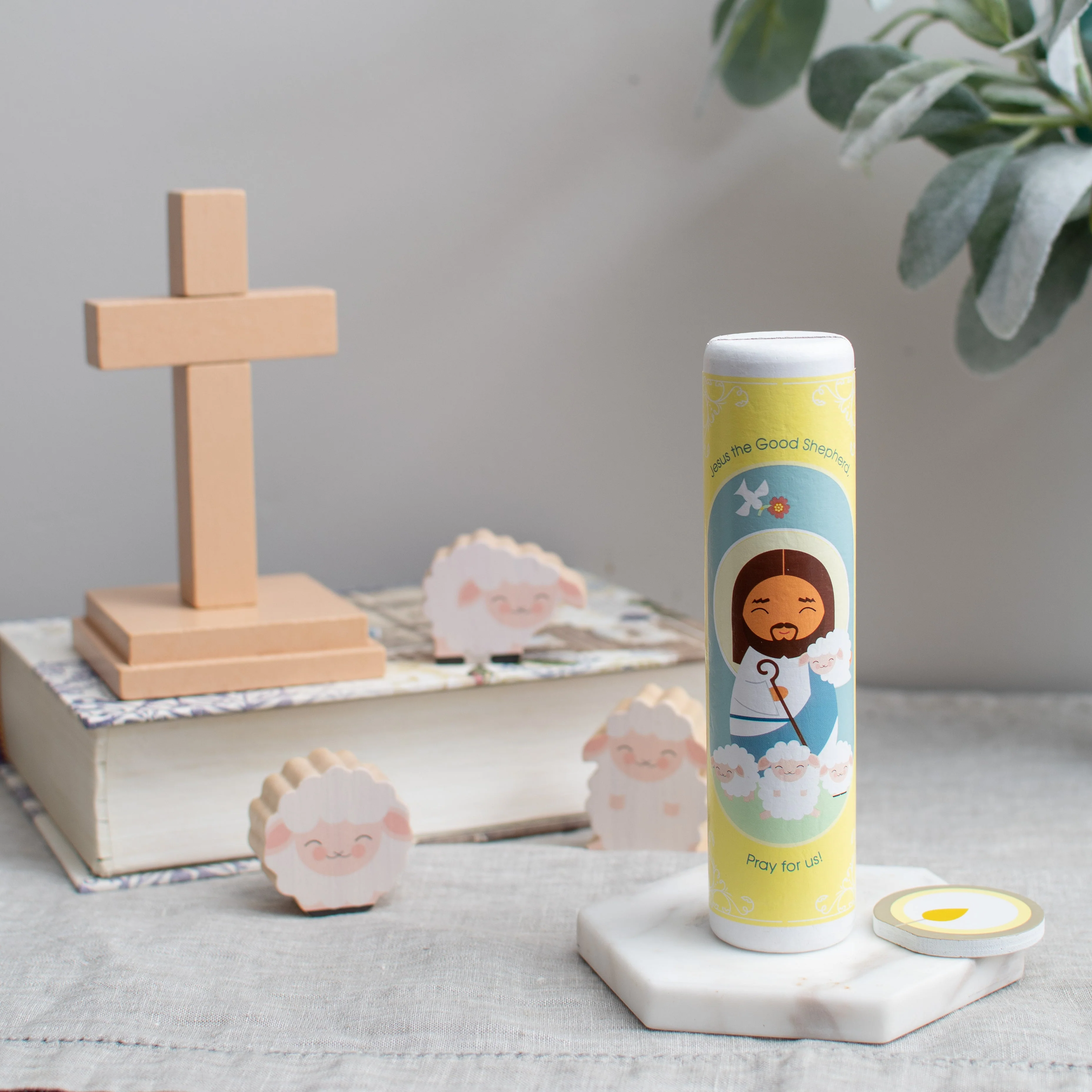 Jesus Christ, the Good Shepherd (The Our Father) Wooden Prayer Candle - Image 4