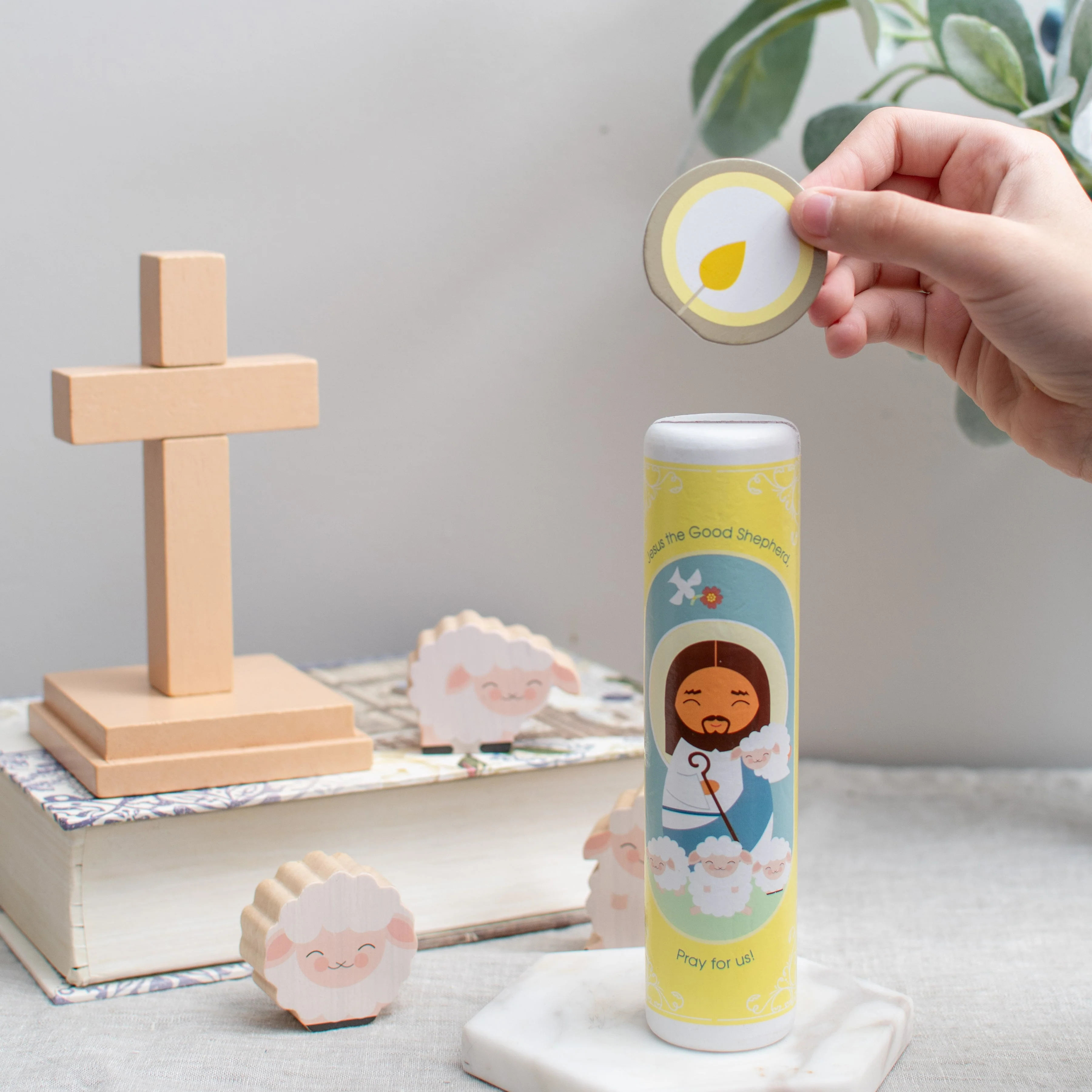 Jesus Christ, the Good Shepherd (The Our Father) Wooden Prayer Candle - Image 5