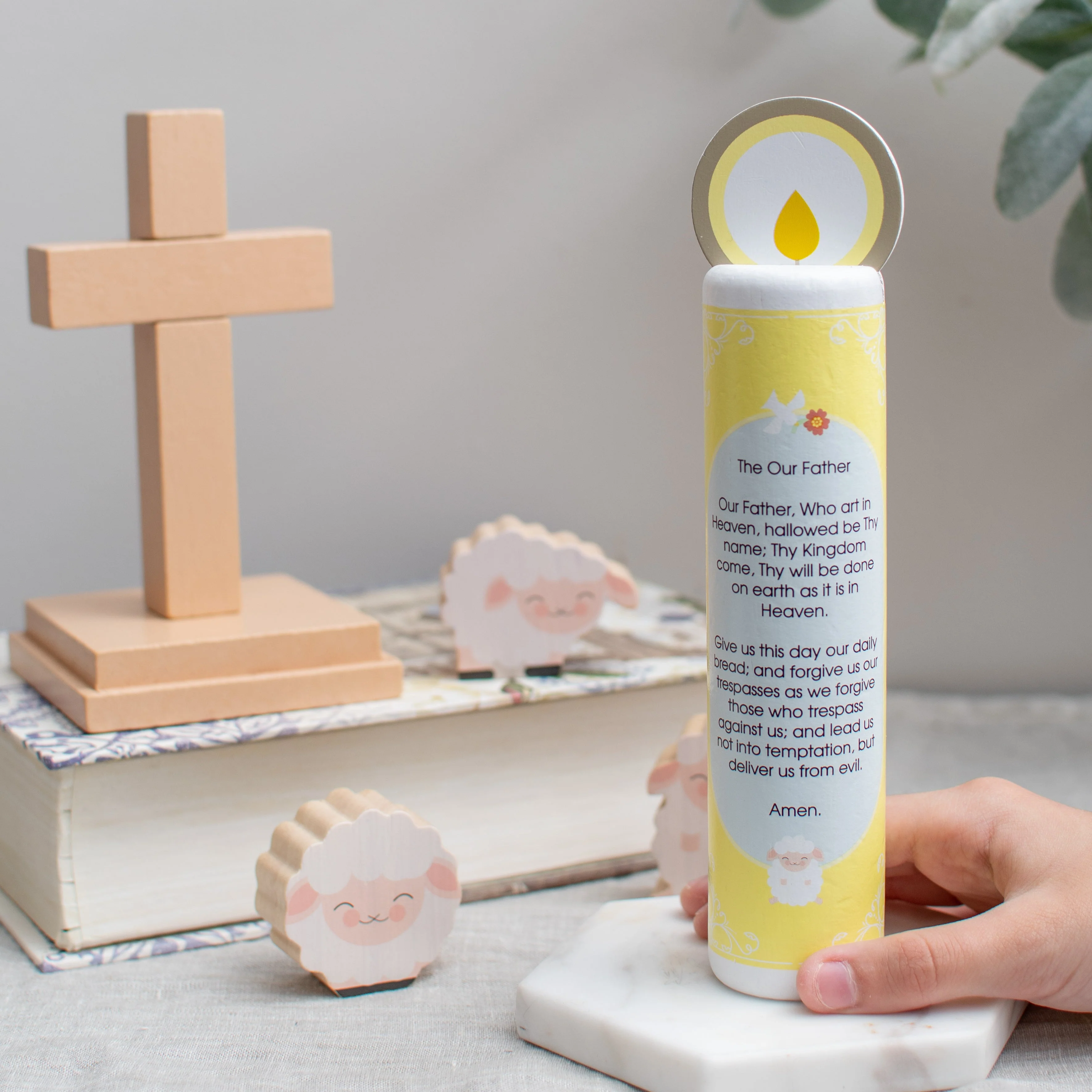 Jesus Christ, the Good Shepherd (The Our Father) Wooden Prayer Candle - Image 6