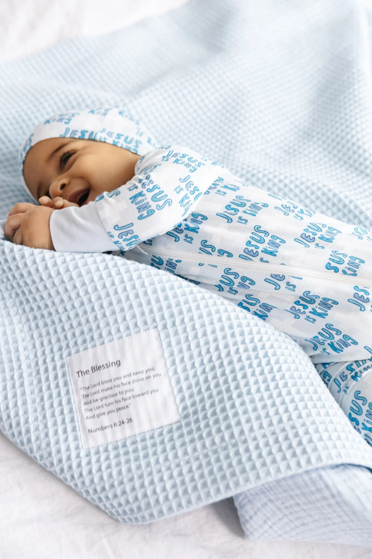 Jesus Is King Blue PJ Footless Onesie Bamboo - Image 3