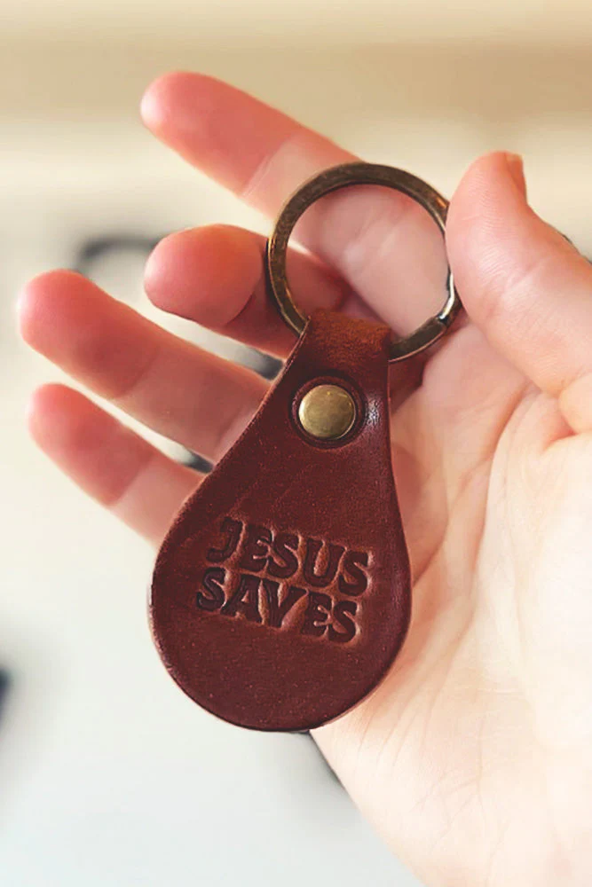 Jesus Saves USA Made Leather Keychain - Image 2