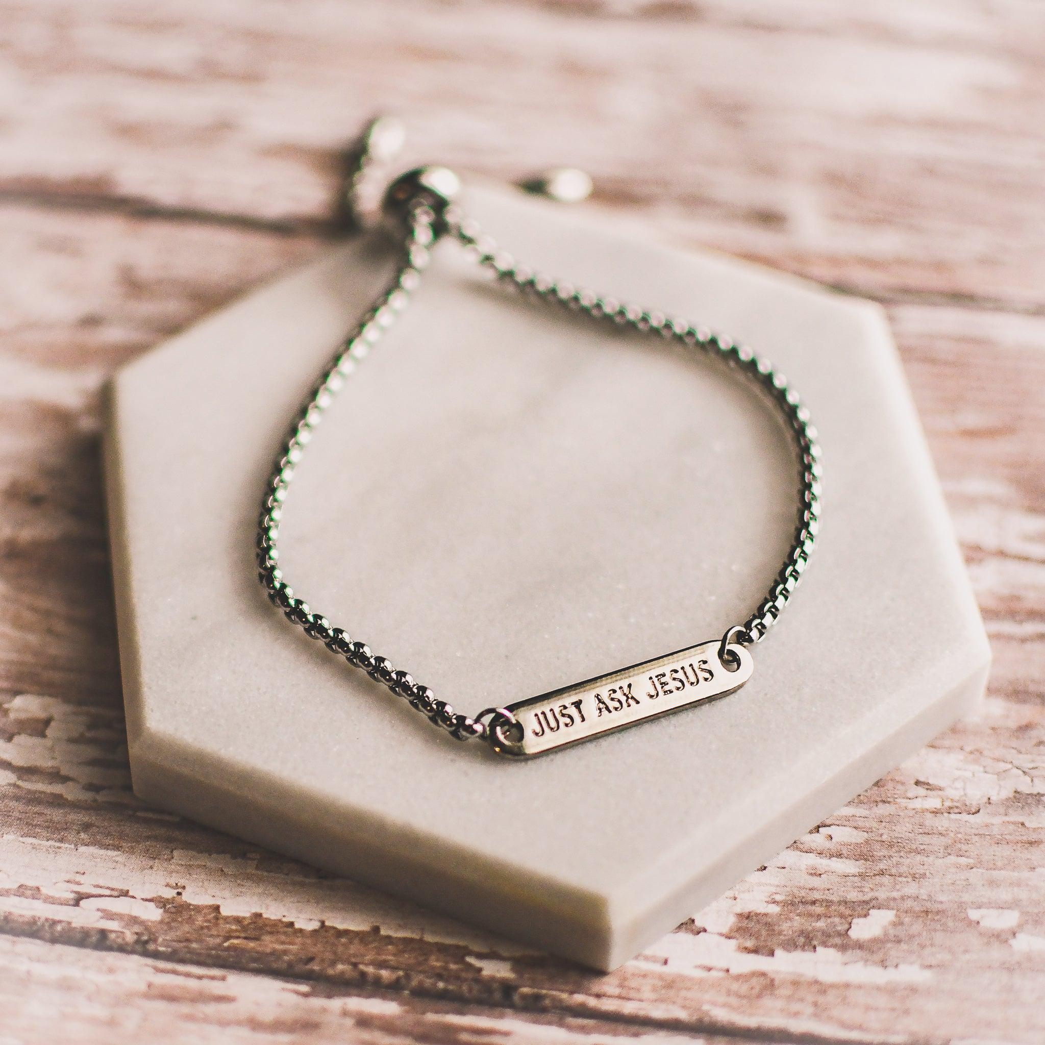 Just Ask Jesus Silver Bar Slider Bracelet - Image 3