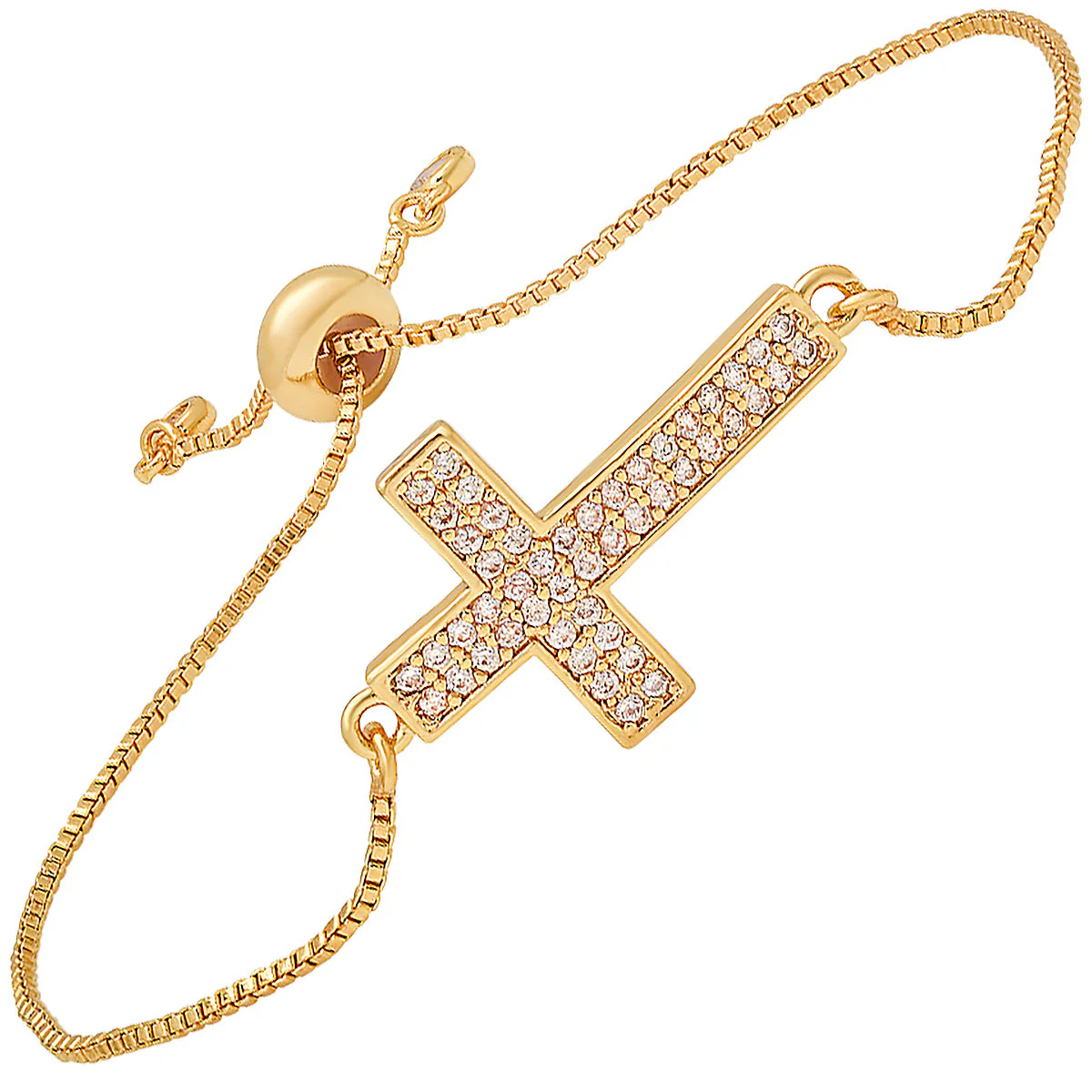 Ladies 18K Gold Plated Brass Simulated Diamonds Cross Drawstring Bracelet - Image 2