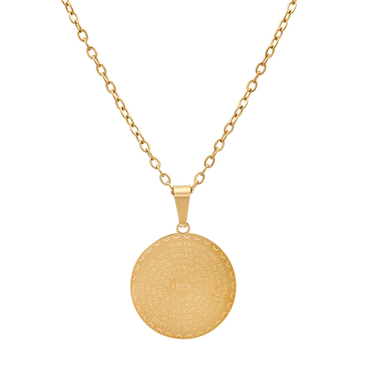 Ladies 18K Gold Plated Stainless Steel Lords Prayer Round Pendant