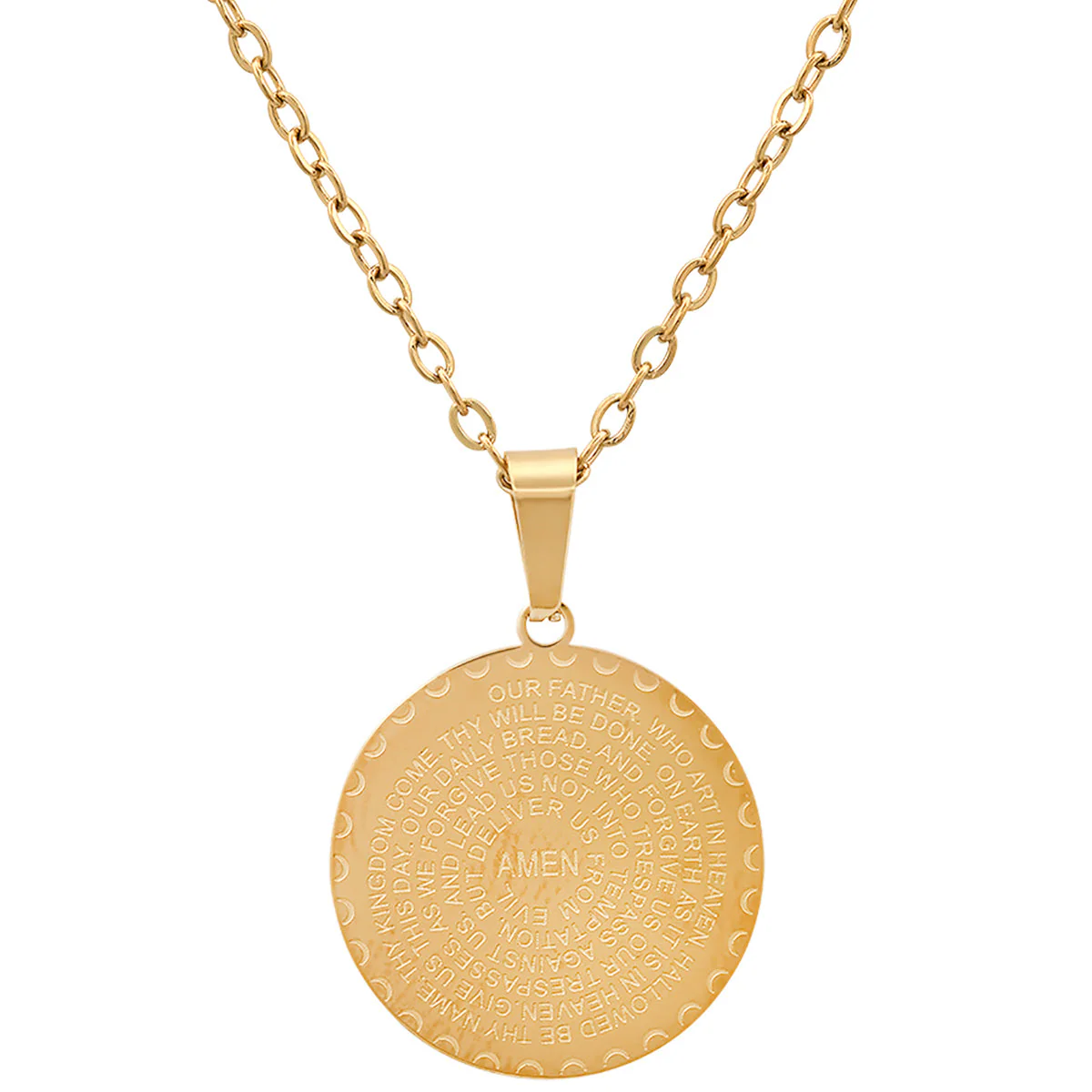 Ladies 18K Gold Plated Stainless Steel Lords Prayer Round Pendant - Image 2
