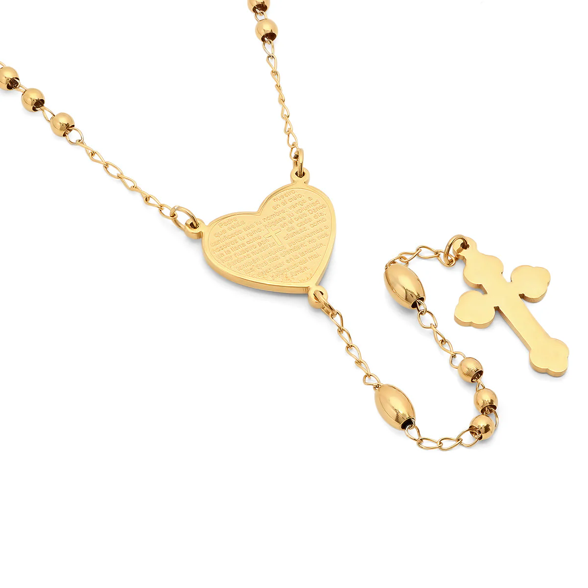 Ladies 18k Gold Plated Stainless Steel Padre Nuestro Prayer Heart Rosary Necklace - Image 2