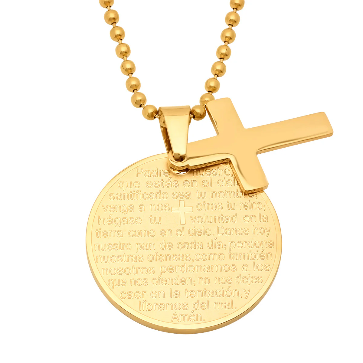 Ladies Round Padre Nuestro Prayer Pendant With Cross - Image 2