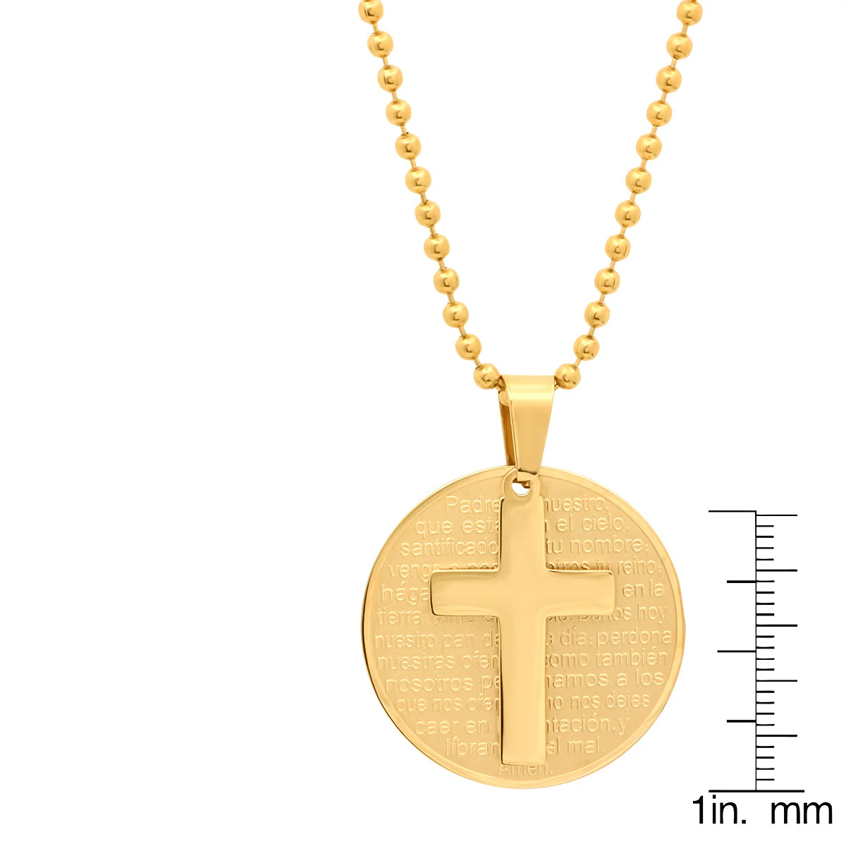Ladies Round Padre Nuestro Prayer Pendant With Cross - Image 3