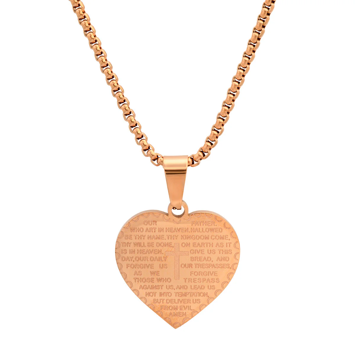 Ladies Stainless Steel Heart Shape Our Father English Prayer Pendant - Image 3