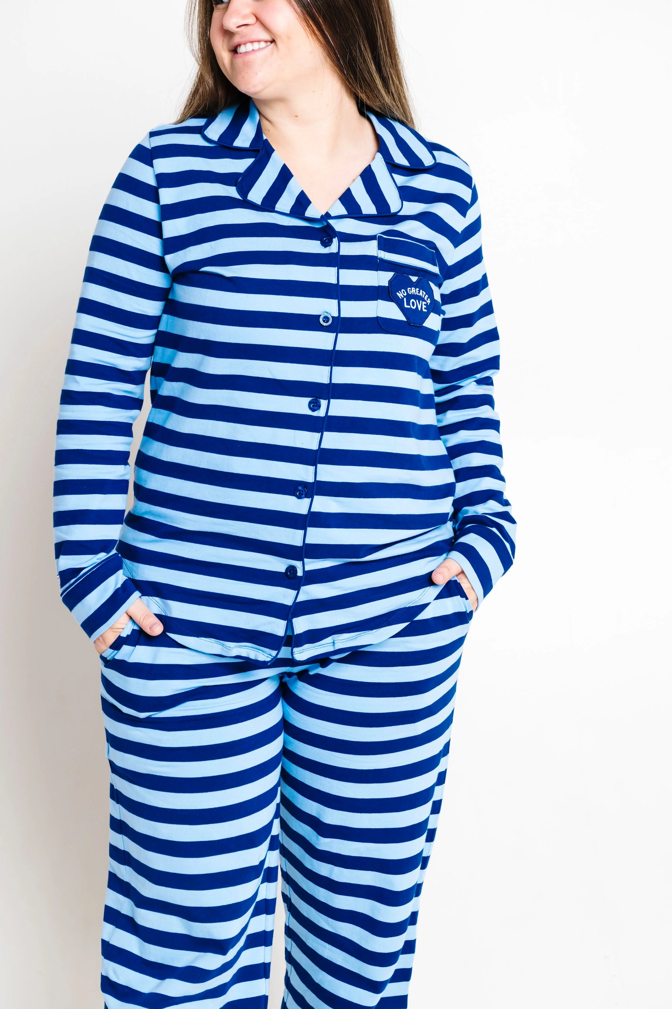No Greater Love Blue Womens PJ Notch Collar Set Cotton - Image 6