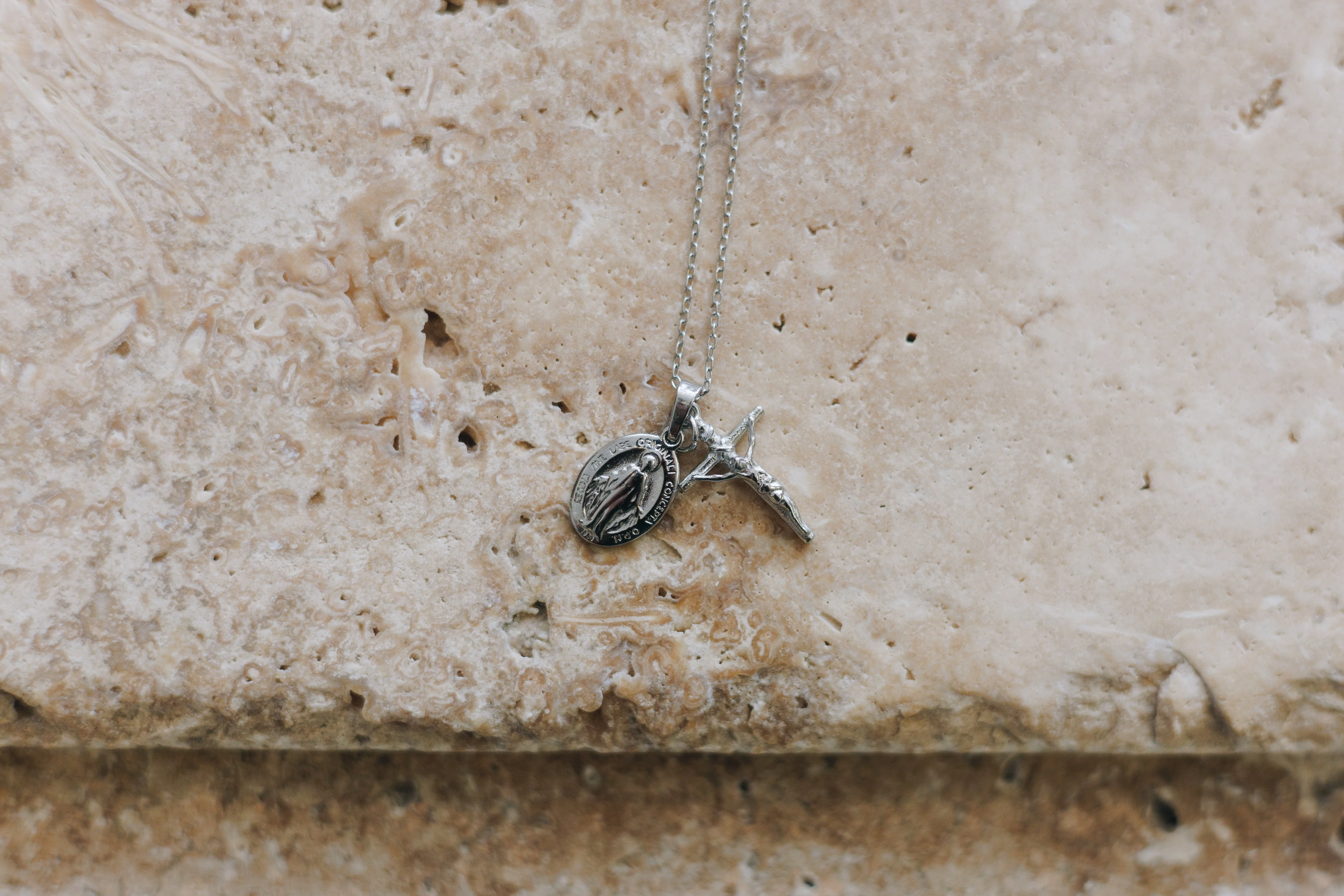 Silver Dainty Crucifix & Miraculous Medal Necklace - Image 3