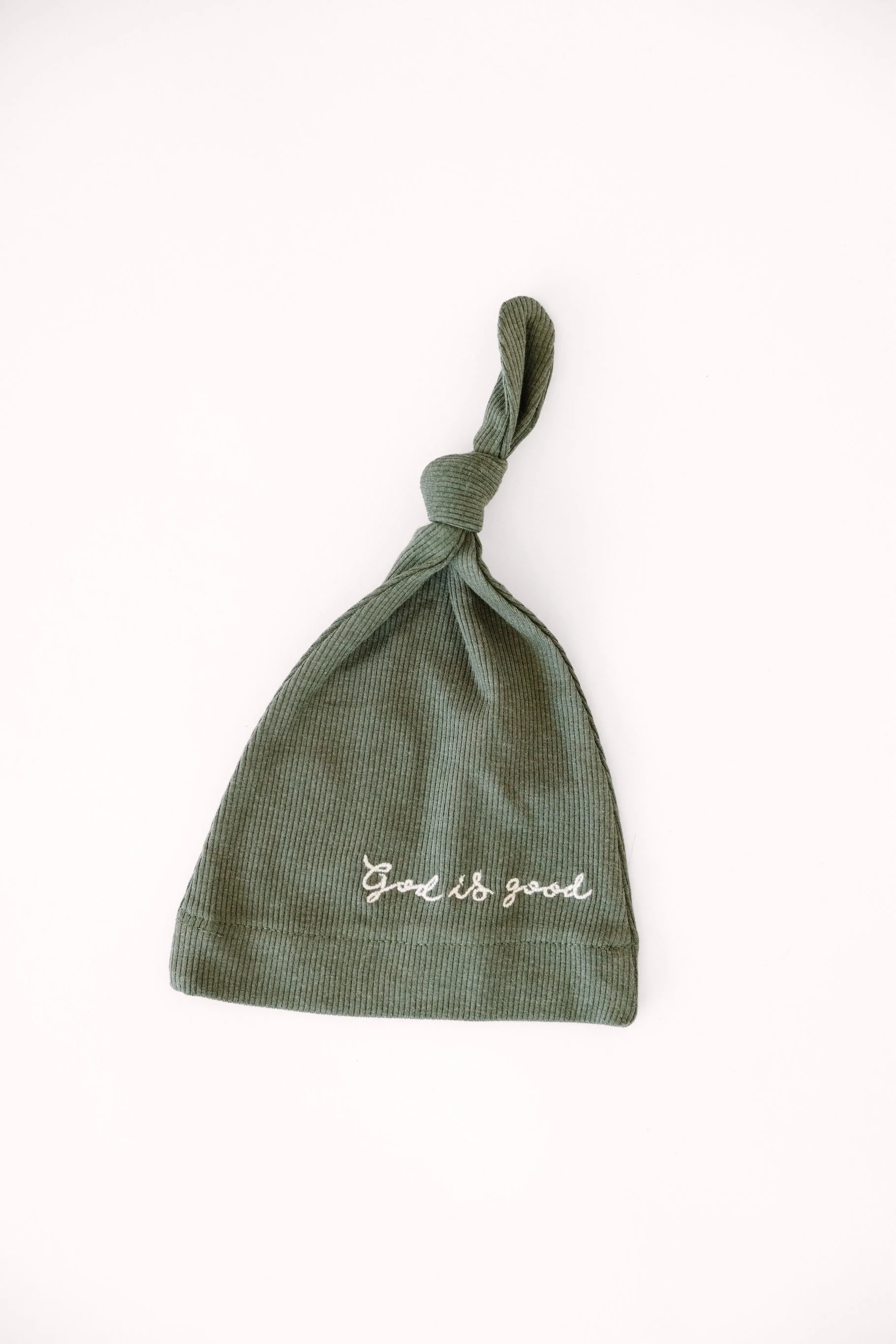 Solid Olive Knotted Hat Ribbed Cotton-Bamboo Blend - Image 2