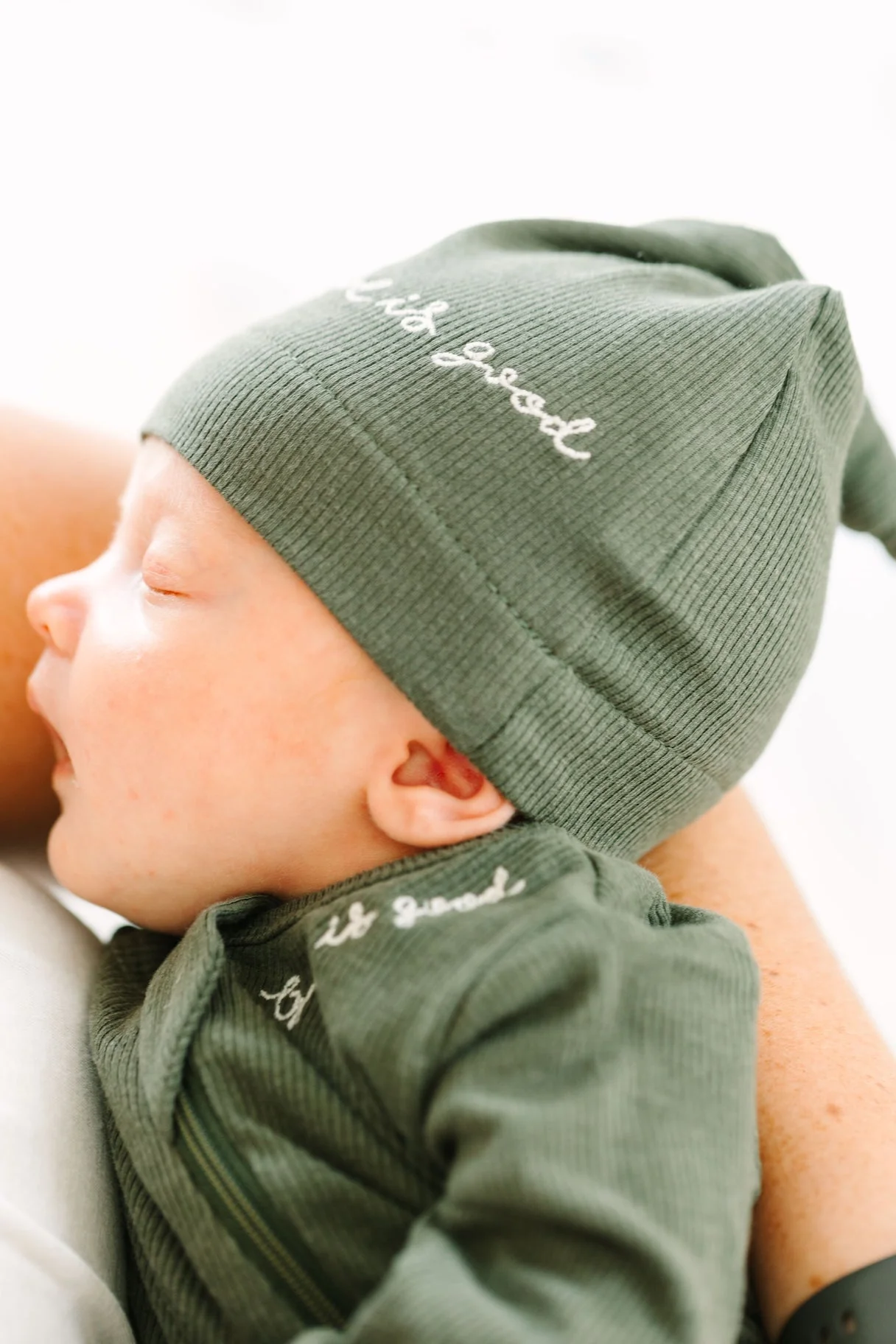 Solid Olive Knotted Hat Ribbed Cotton-Bamboo Blend - Image 4
